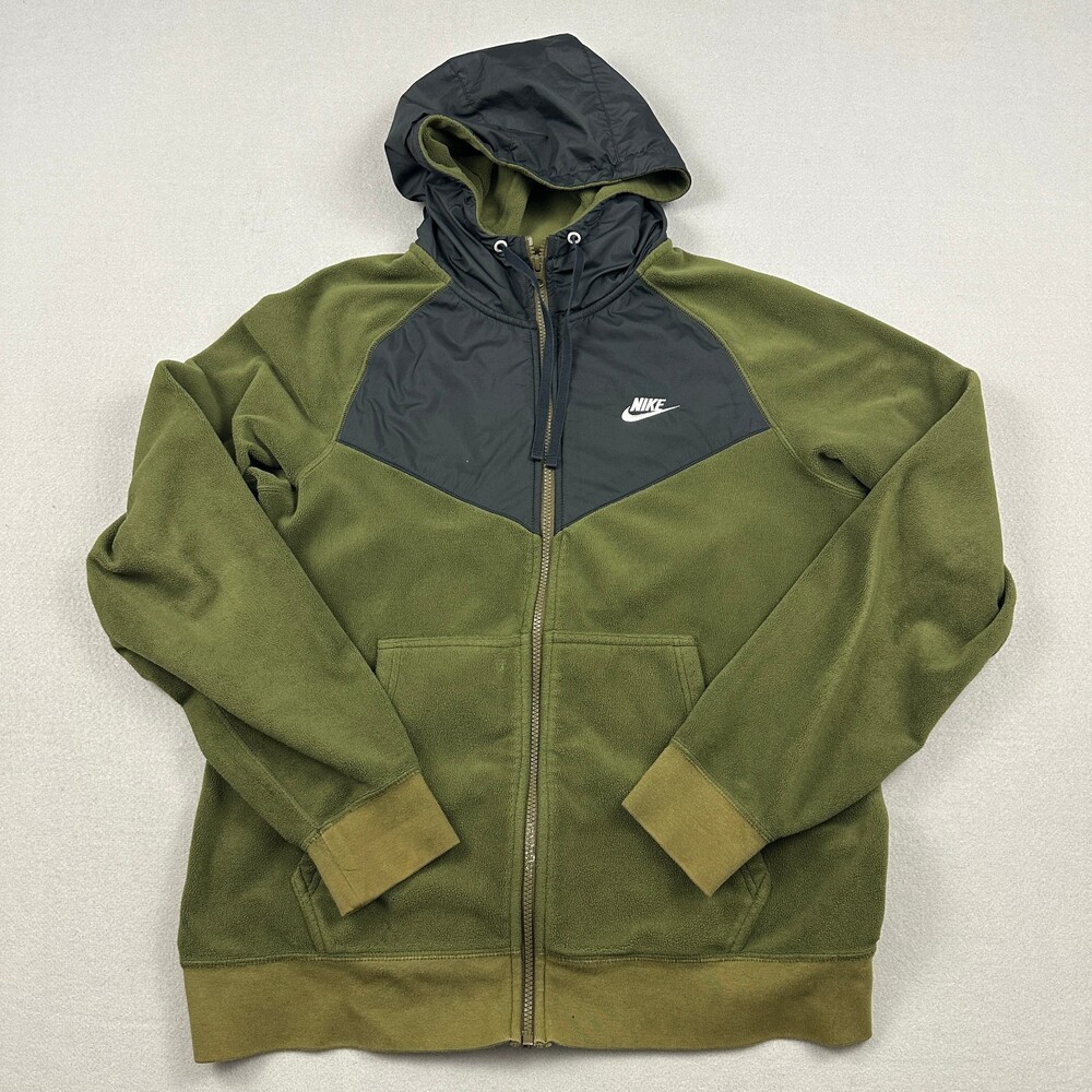 Nike Jacket Men Medium Green Black Solid Fleece Hybrid Full Zip Hood Pockets *